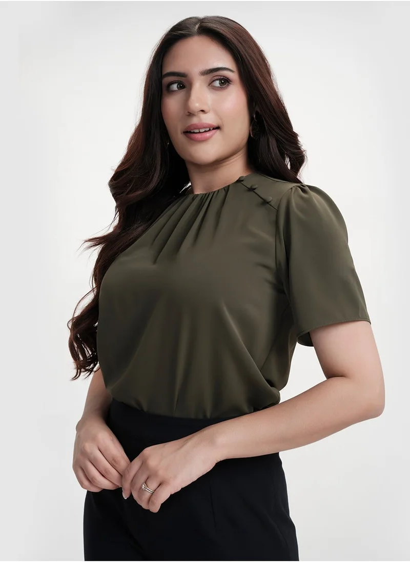 Zigzag Button Attached Panel Seperated Half Sleeve Top