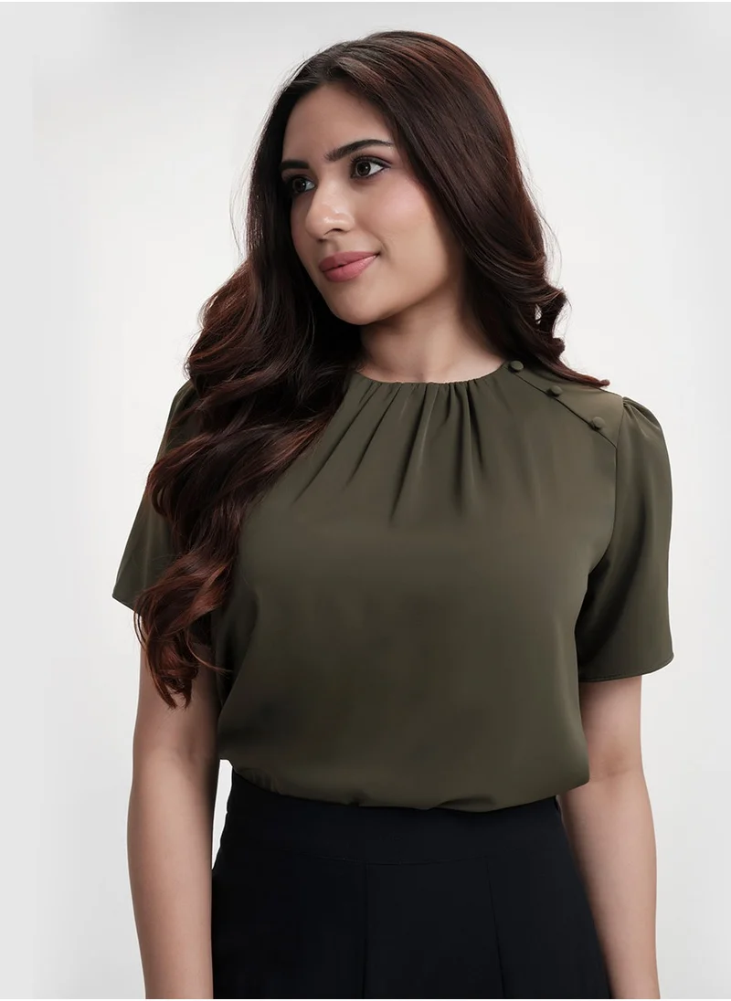 Zigzag Button Attached Panel Seperated Half Sleeve Top