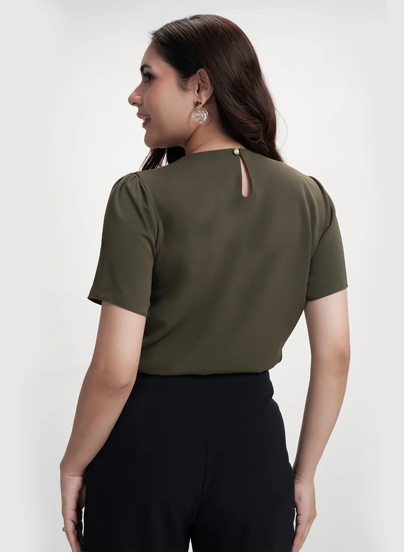 Zigzag Button Attached Panel Seperated Half Sleeve Top