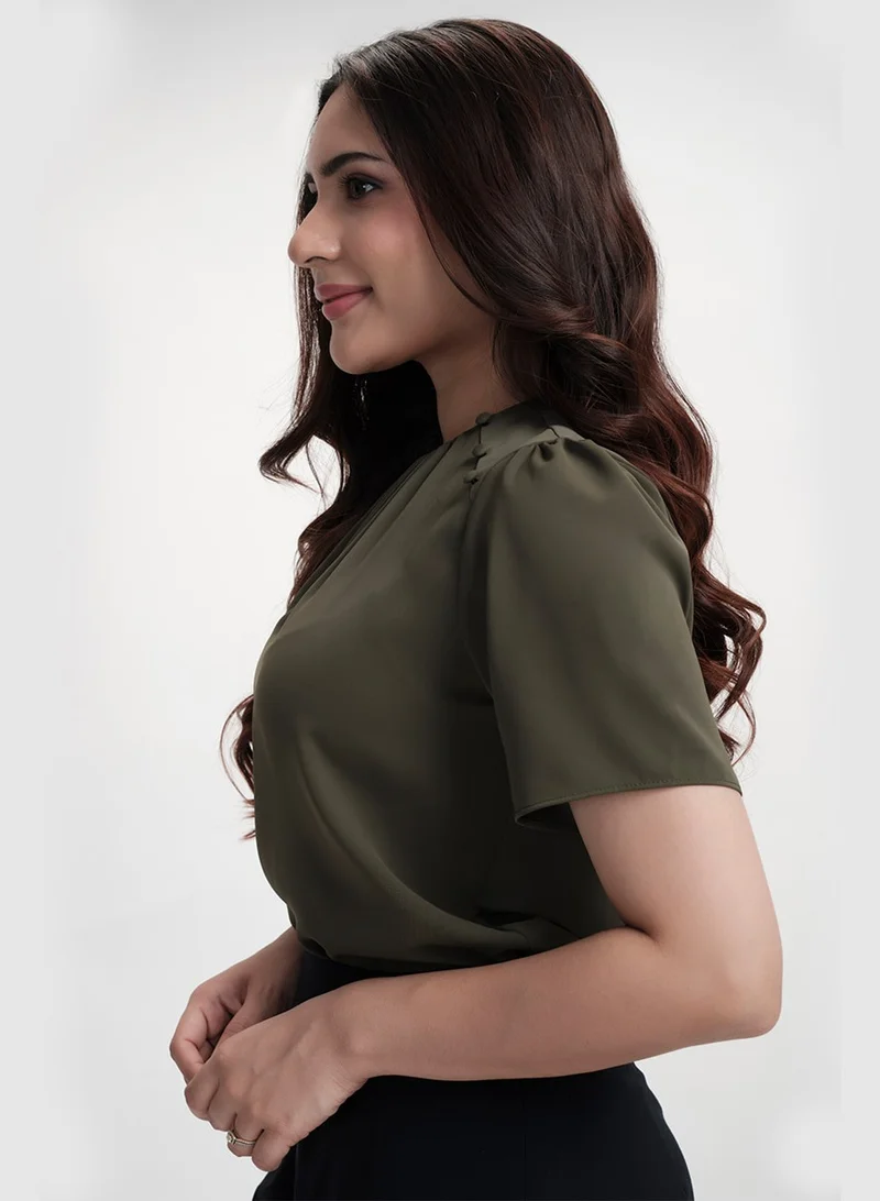 Zigzag Button Attached Panel Seperated Half Sleeve Top