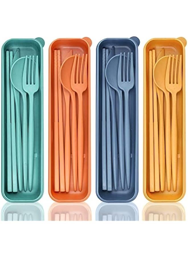 Reusable Travel Utensils with Case, 4 Sets Wheat Straw Portable Cutlery Set Chopsticks Knives Fork and Spoon for Lunch Box Accessories, Camping Flatware Sets for Daily Use or Outdoor - Image 1