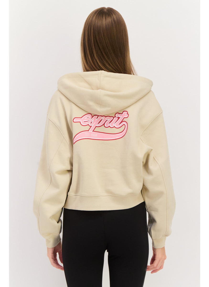 ESPRIT Women Hooded Brand Logo Long Sleeves Sweatshirt, Beige  - Image 4