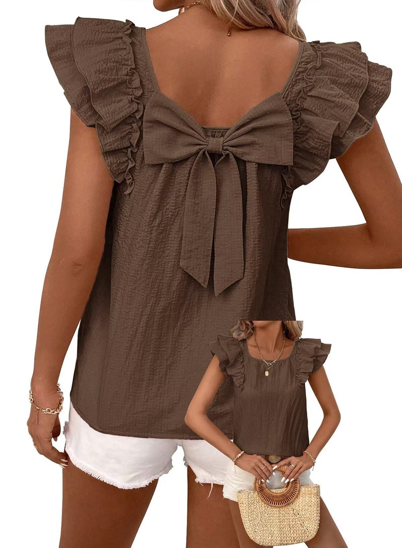 Falechay Summer Womens Tops Cute Going Out Round Neck Outfit Casual Chiffon Short Butterfly Sleeve Clothes Sexy Ladies Babydoll Office T-Shirts Trendy Women Blouse Bow Tie Plus Size Brown Top XXL - Image 1