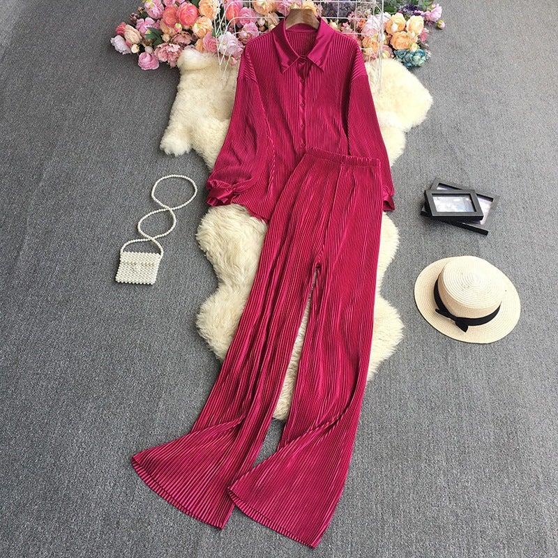 Chic Loose Pleated Shirt Trouser Set Purplish red