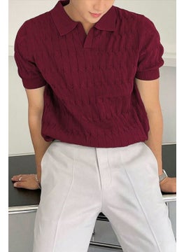 Cool Tarz Cool Style Men's Claret Red Thin Hair Knitted Slim Fit Polo Collar Knitwear T-Shirt 