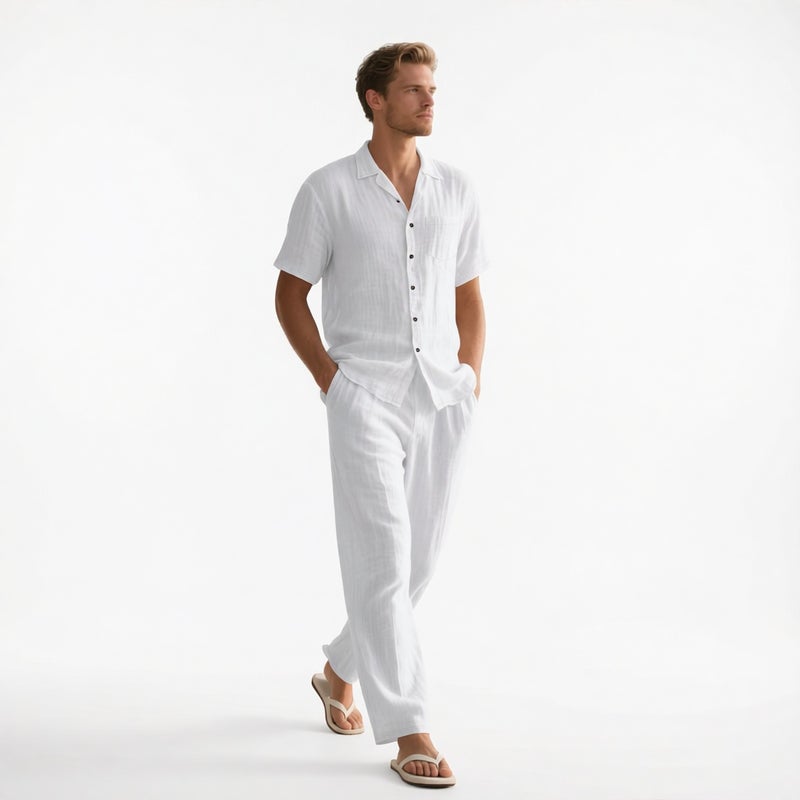 Men's Linen Beach Short Sleeve Shirt and Pants Set Summer Casual Two-Piece Outfit - Image 1