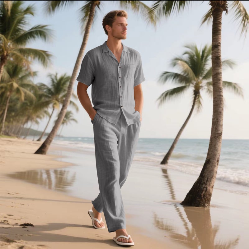 Men's Linen Beach Short Sleeve Shirt and Pants Set Summer Casual Two-Piece Outfit - Image 3