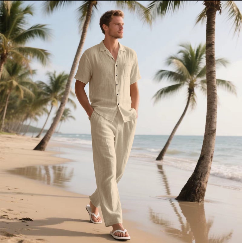 Men's Linen Beach Short Sleeve Shirt and Pants Set Summer Casual Two-Piece Outfit - Image 4