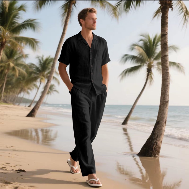 Men's Linen Beach Short Sleeve Shirt and Pants Set Summer Casual Two-Piece Outfit - Image 2