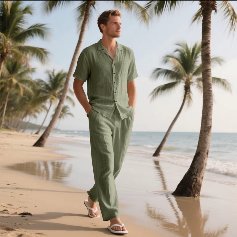 Men's Linen Beach Short Sleeve Shirt and Pants Set Summer Casual Two-Piece Outfit - Image 5