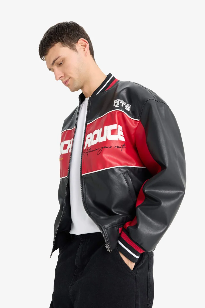 Defacto  Oversize Fit College Collar Zippered Faux Leather Bomber Jacket for Men | Best Price UAE