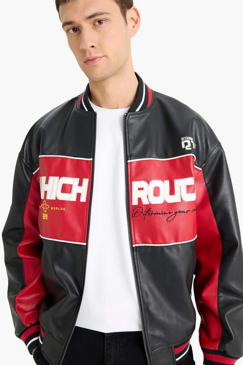 Defacto  Oversize Fit College Collar Zippered Faux Leather Bomber Jacket for Men | Best Price UAE