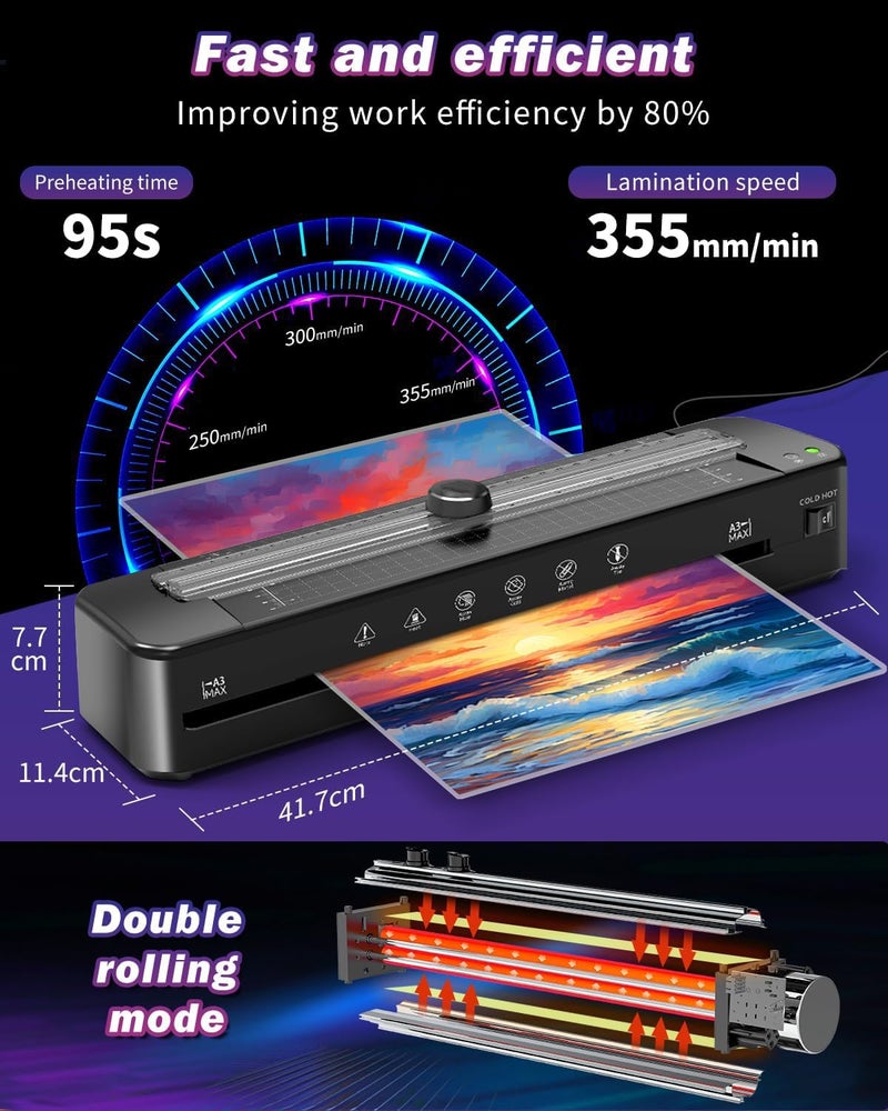 KASTWAVE Laminator Machine A3, With Corner Rounder, Hole Punch, 20 Laminating Sheets, 70s Ultra-Fast Preheat, Quick Lamination Jam-Free, For Office School Business Home Use - Image 2