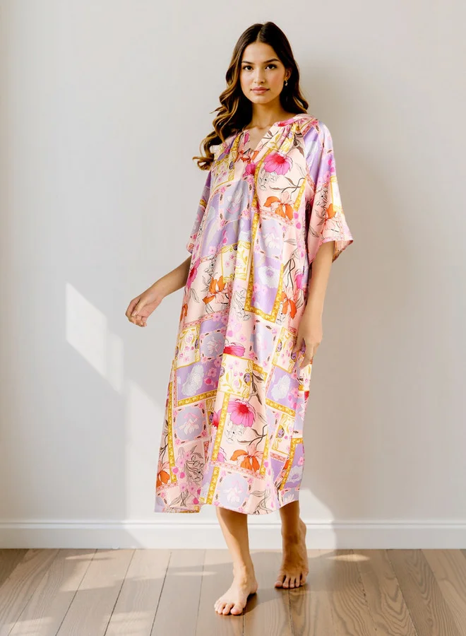 Splash FAV Printed Night Dress with Collar and 3/4 Sleeves