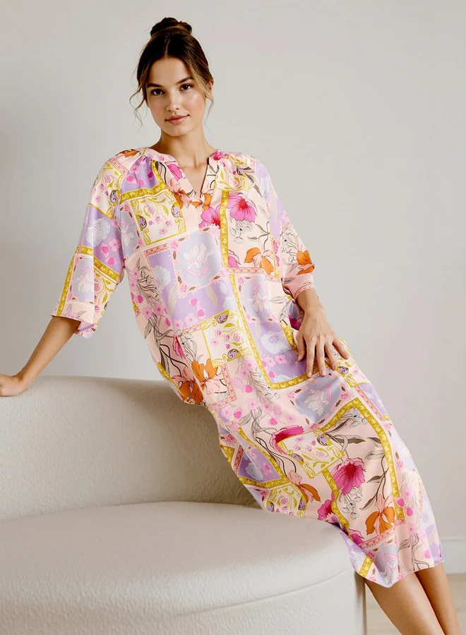 Splash FAV Printed Night Dress with Collar and 3/4 Sleeves