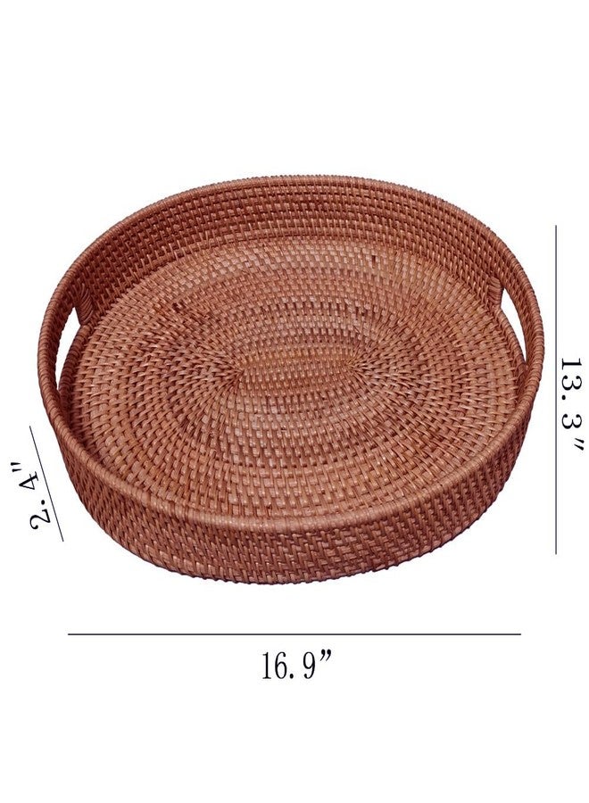 i-lan Dark Brown Oval Rattan X-Large Serving Tray for Fruit,Breakfast,Drinks,17 Inch Ottoman Wicker Woven Serving Basket Tray with Handle and 2.5" High Wall - Image 2