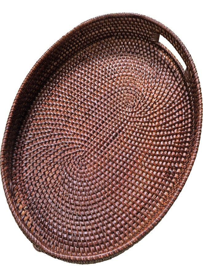 i-lan Dark Brown Oval Rattan X-Large Serving Tray for Fruit,Breakfast,Drinks,17 Inch Ottoman Wicker Woven Serving Basket Tray with Handle and 2.5" High Wall - Image 1