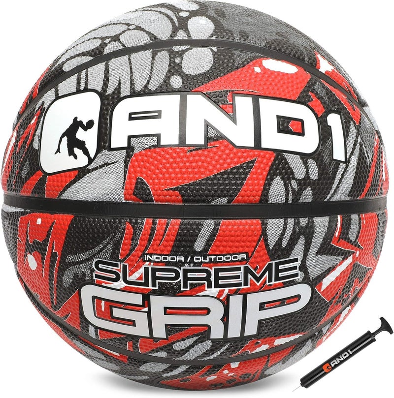 AND1 Supreme Grip Basketball Official Regulation Size 7 295 inches Rubber Deep Channel Construction Streetball Made for Indoor Outdoor Basketball Games