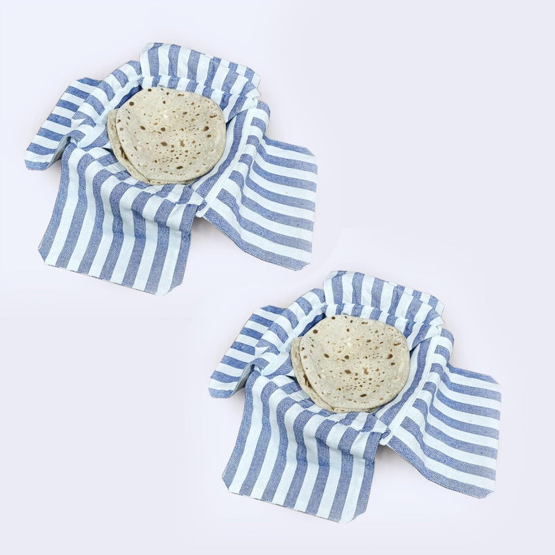 AARNIKAWRAP طقم AARNIKAWRAP من 2 قطعة من قماش الروتي ذو الطبقتين مع أغطية قماش قطنية لخبز الشاباتي لحافظة الطعام في المطبخ قماش لف الروتي (قطن، مخطط أزرق) - Image 1