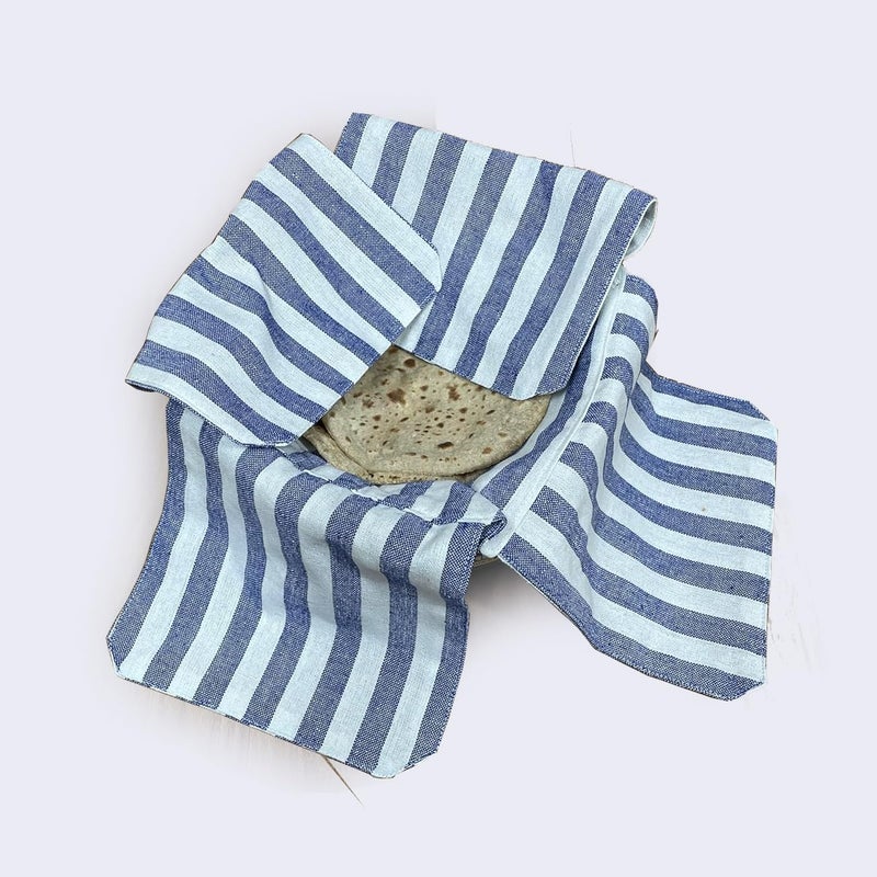 AARNIKAWRAP طقم AARNIKAWRAP من 2 قطعة من قماش الروتي ذو الطبقتين مع أغطية قماش قطنية لخبز الشاباتي لحافظة الطعام في المطبخ قماش لف الروتي (قطن، مخطط أزرق) - Image 4