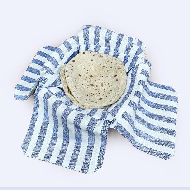 AARNIKAWRAP طقم AARNIKAWRAP من 2 قطعة من قماش الروتي ذو الطبقتين مع أغطية قماش قطنية لخبز الشاباتي لحافظة الطعام في المطبخ قماش لف الروتي (قطن، مخطط أزرق) - Image 2
