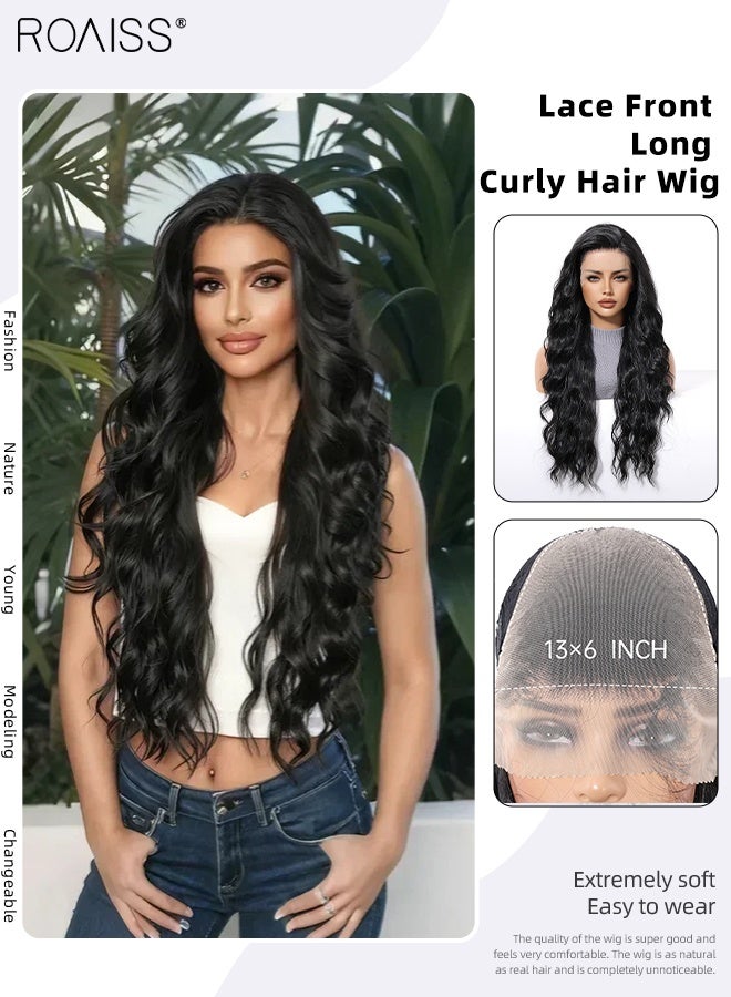 رويس باروكة شعر مستعار طويل مجعد بجزء أمامي من الدانتيل، مقاس 13×6، للنساء، بفراق من المنتصف، مصنوعة من شعر صناعي طبيعي ناعم ومقاوم للحرارة، مناسبة لحفلات الزفاف والتنكر والارتداء اليومي، 75 سم (30 بوصة) - Image 1