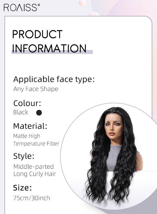 رويس باروكة شعر مستعار طويل مجعد بجزء أمامي من الدانتيل، مقاس 13×6، للنساء، بفراق من المنتصف، مصنوعة من شعر صناعي طبيعي ناعم ومقاوم للحرارة، مناسبة لحفلات الزفاف والتنكر والارتداء اليومي، 75 سم (30 بوصة) - Image 3