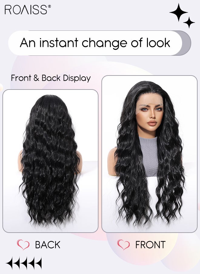 رويس باروكة شعر مستعار طويل مجعد بجزء أمامي من الدانتيل، مقاس 13×6، للنساء، بفراق من المنتصف، مصنوعة من شعر صناعي طبيعي ناعم ومقاوم للحرارة، مناسبة لحفلات الزفاف والتنكر والارتداء اليومي، 75 سم (30 بوصة) - Image 2