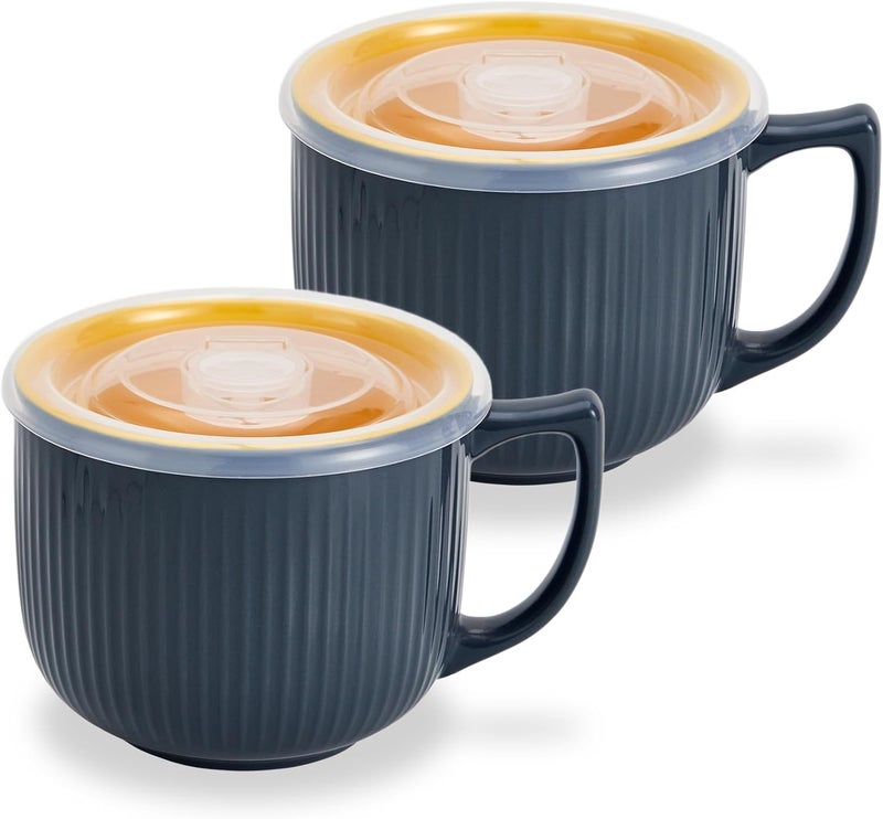 Hoilse Ceramic Soup Bowl with Handle 32oz  Microwave Ramen Bowl with Lid Soup Mugs  Cups for Cereal Oatmeal Ramen Instant Noodle Soup Container with Lid  Set of 2 Gray - Image 1