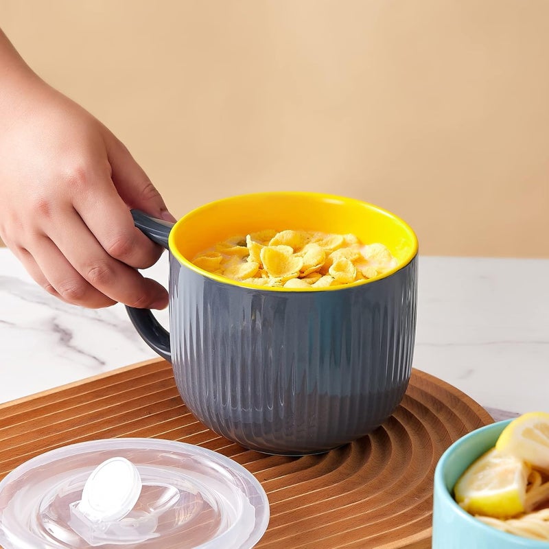 Hoilse Ceramic Soup Bowl with Handle 32oz  Microwave Ramen Bowl with Lid Soup Mugs  Cups for Cereal Oatmeal Ramen Instant Noodle Soup Container with Lid  Set of 2 Gray - Image 5