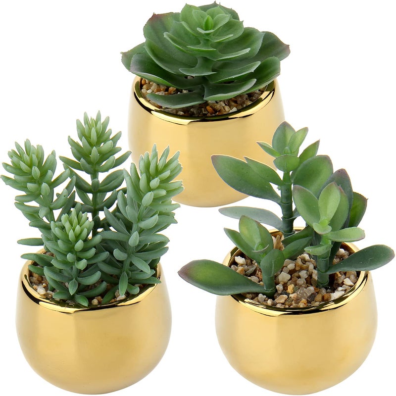 Briful 3 PCS Artificial Plants Fake Succulent Plants Artificial Succulents in Geometric Gold Ceramic Pots Fake Succulent Indoor Plants for Home Office Bathroom Shelf Decor