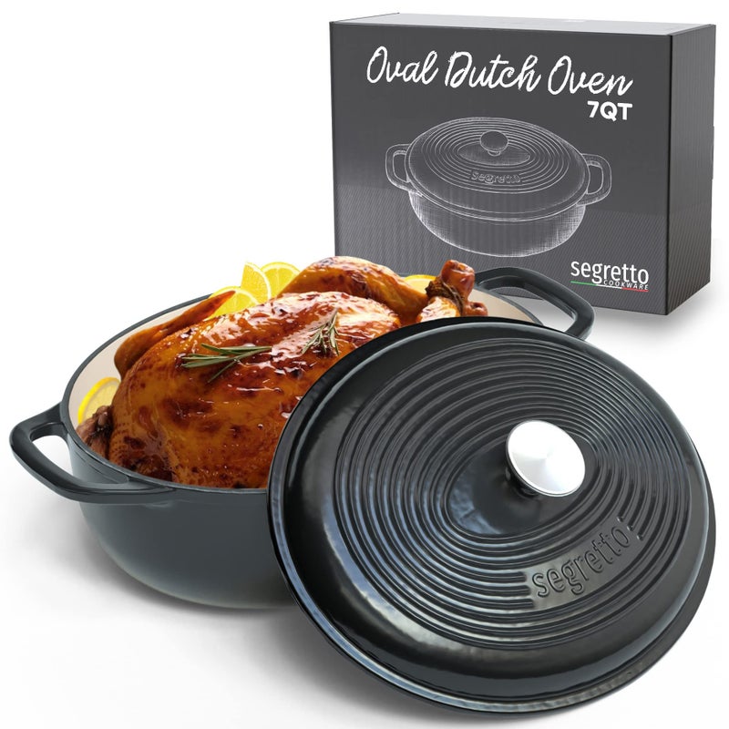 Segretto Cookware Segretto Cookware Enameled Oval Cast Iron Dutch Oven with Handle 7 Quarts Nero Black 7qt Dutch Oven Cast Iron Pot with Lid  Enamel Dutch Oven for Bread Baking Ceramic Pots for Cooking Soup 