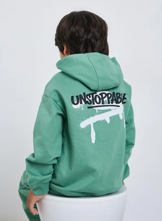 Styli Boys Green Graphic Print Cotton Hoodie