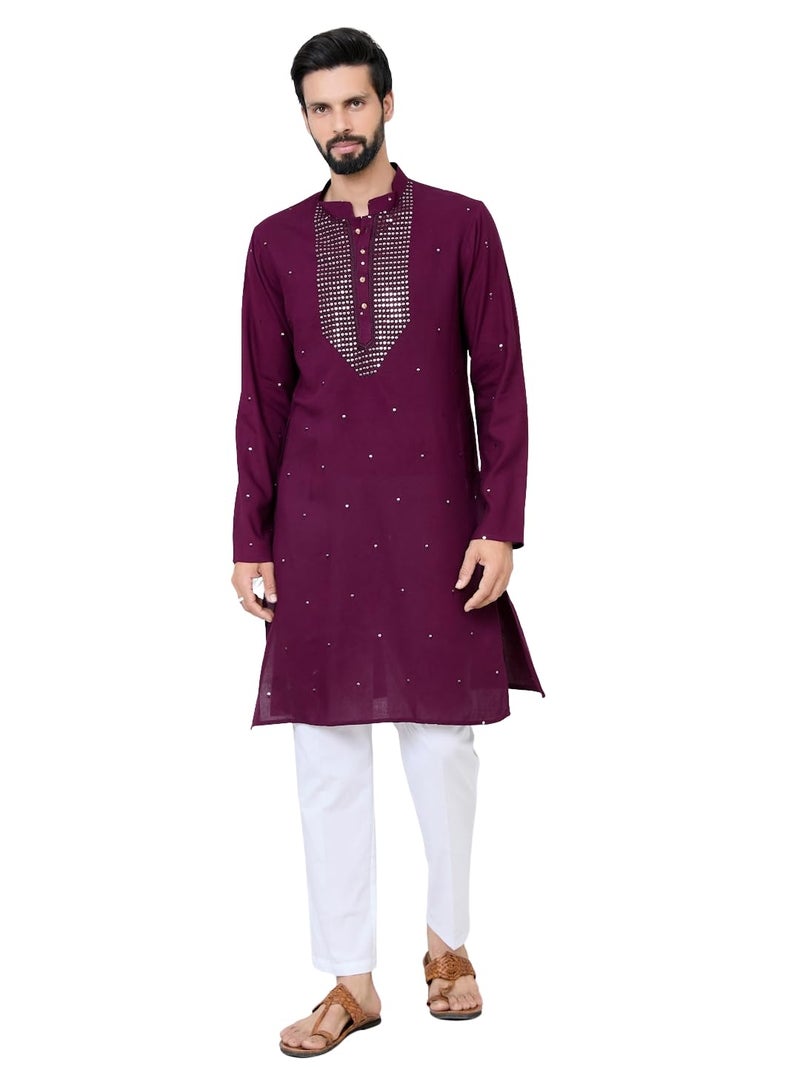 See Designs Men's Full Sleeve Mandarin Collar Purple Sequins Embroidered Rayon Straight Long Kurta with Yoke Design - Festive Collection | - SDKT3132L - Image 1