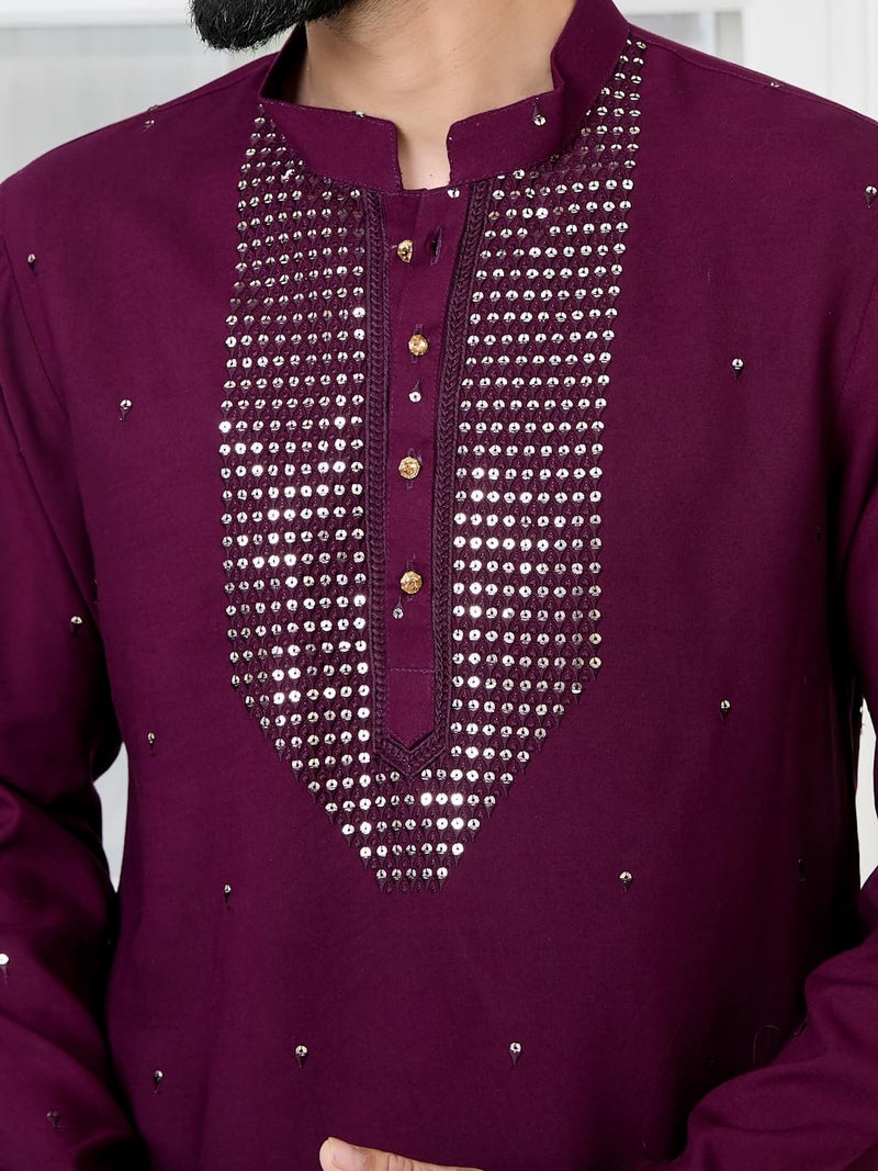 See Designs Men's Full Sleeve Mandarin Collar Purple Sequins Embroidered Rayon Straight Long Kurta with Yoke Design - Festive Collection | - SDKT3132L - Image 2