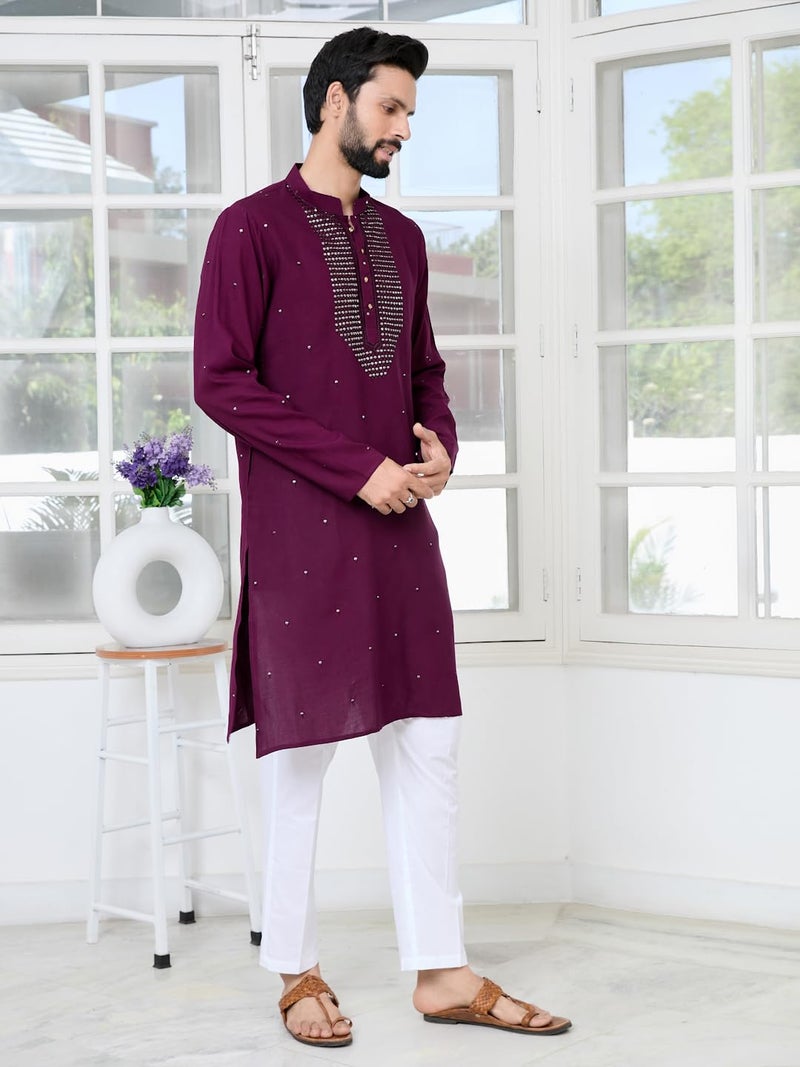 See Designs Men's Full Sleeve Mandarin Collar Purple Sequins Embroidered Rayon Straight Long Kurta with Yoke Design - Festive Collection | - SDKT3132L - Image 3