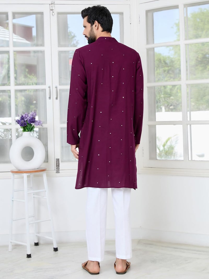 See Designs Men's Full Sleeve Mandarin Collar Purple Sequins Embroidered Rayon Straight Long Kurta with Yoke Design - Festive Collection | - SDKT3132L - Image 4
