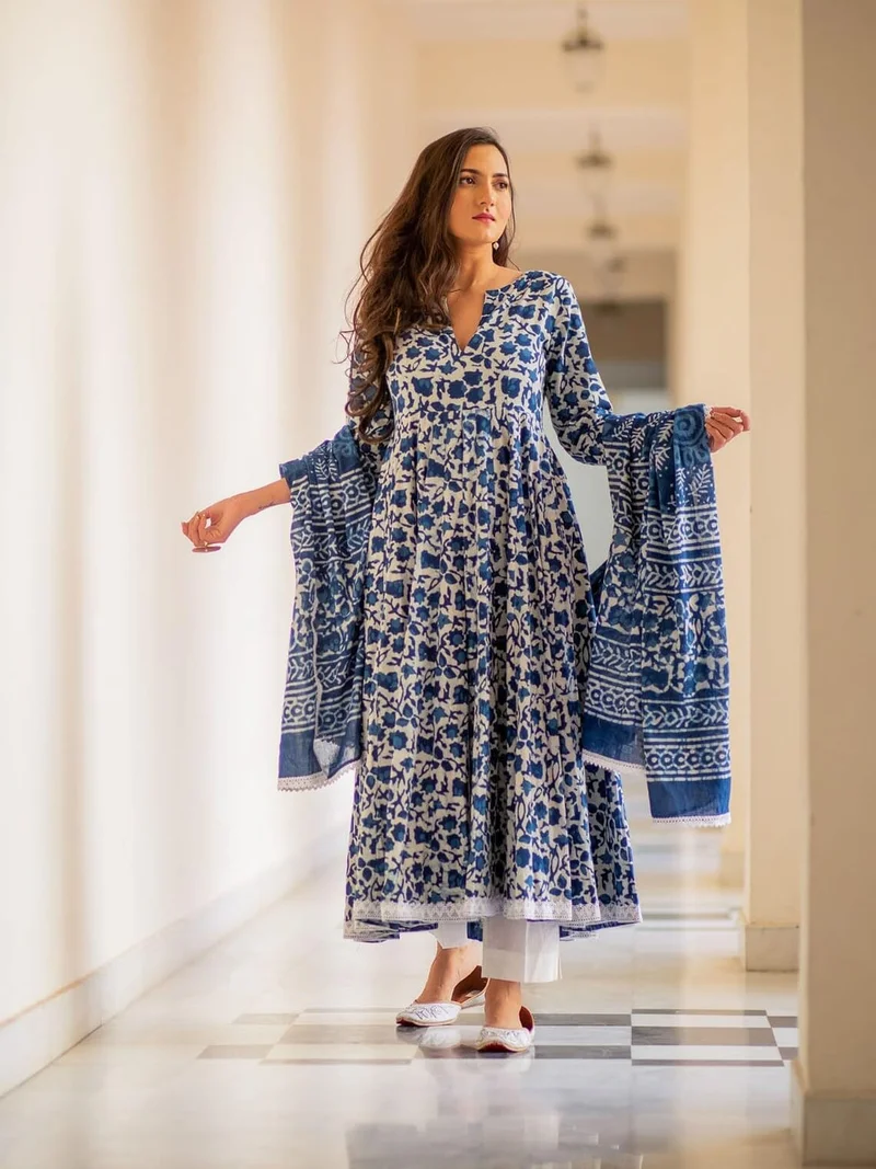 GoSriKi Women's Rayon Blend Anarkali Printed Kurta with Pant & Dupatta (YUTIKA BLUE-GS_L_Blue_Large)