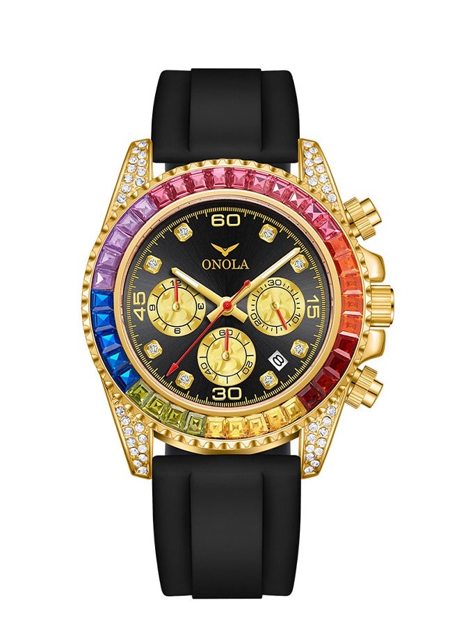 ONOLA Rainbow Gold Black Multifunction Quartz Watch - Stainless Steel Case, Silicone Strap, 30M Water Resistance, Date Display, Sleek Business Style, Suitable for Everyday Wear - Image 1