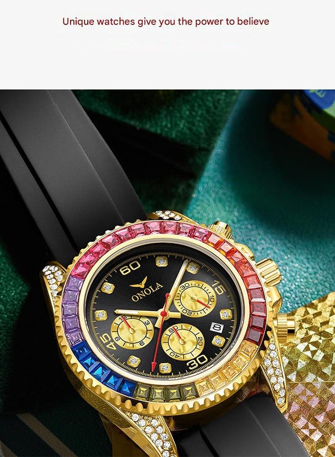 ONOLA Rainbow Gold Black Multifunction Quartz Watch - Stainless Steel Case, Silicone Strap, 30M Water Resistance, Date Display, Sleek Business Style, Suitable for Everyday Wear - Image 5