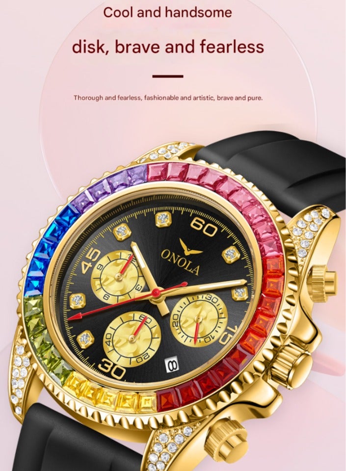 ONOLA Rainbow Gold Black Multifunction Quartz Watch - Stainless Steel Case, Silicone Strap, 30M Water Resistance, Date Display, Sleek Business Style, Suitable for Everyday Wear - Image 3