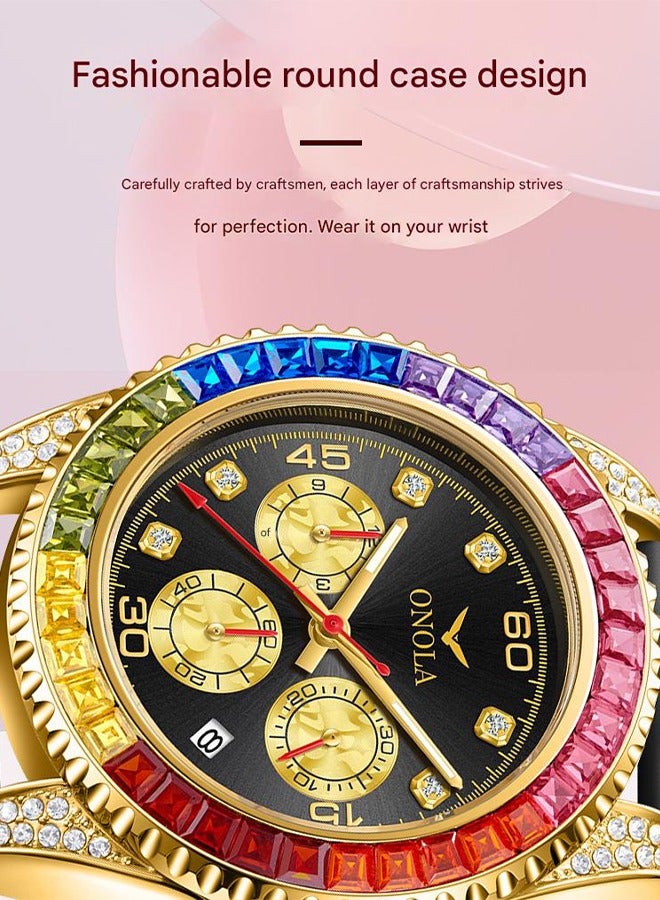 ONOLA Rainbow Gold Black Multifunction Quartz Watch - Stainless Steel Case, Silicone Strap, 30M Water Resistance, Date Display, Sleek Business Style, Suitable for Everyday Wear - Image 4