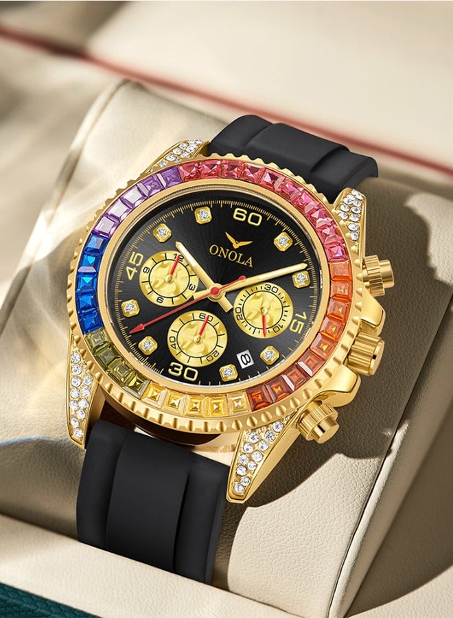 ONOLA Rainbow Gold Black Multifunction Quartz Watch - Stainless Steel Case, Silicone Strap, 30M Water Resistance, Date Display, Sleek Business Style, Suitable for Everyday Wear - Image 2