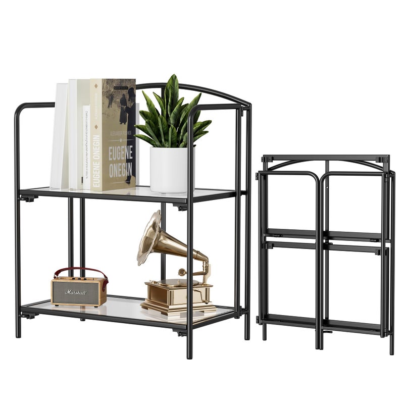 Crofy No Assembly Folding Bookshelf for Living Room, 2 Tier Black Collapsible Book Shelf for Home Office, Portable Bookcase Storage Organizer - Image 1