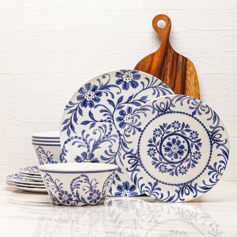 Bzyoo 12-Piece Melamine Dinnerware Set - Indigo Floral | Lightweight, Durable, BPA-Free | Dishwasher Safe Dish Set for Indoor & Outdoor Use - Perfect for Camping, BBQs, Kids Parties - Image 1