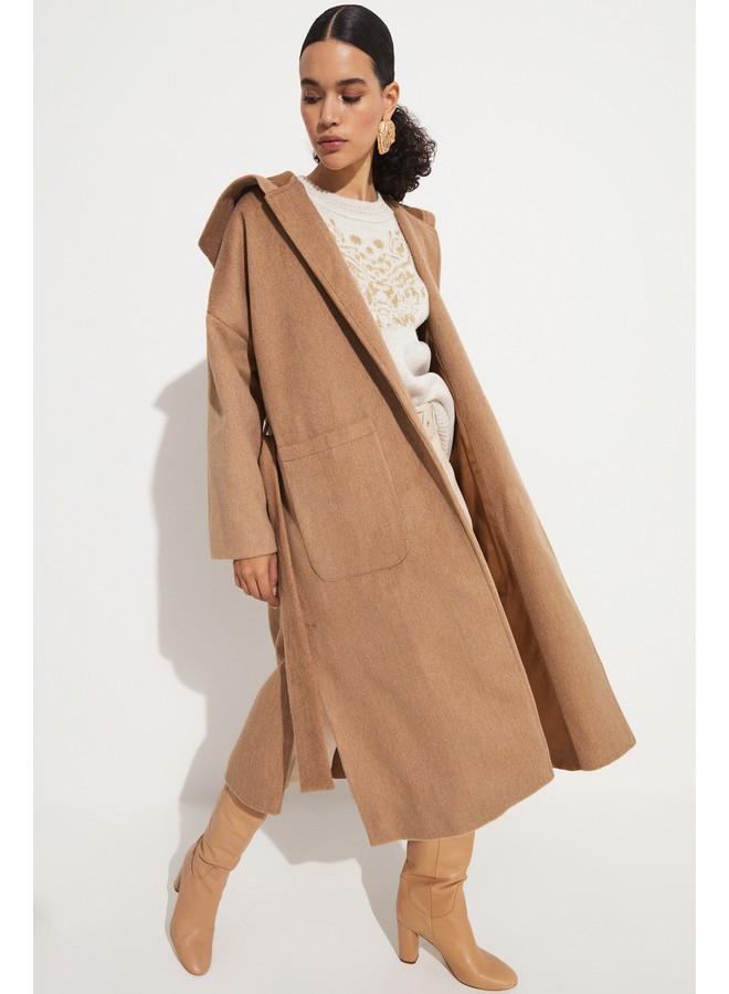 June Hooded Detailed Coat Tan - Image 1