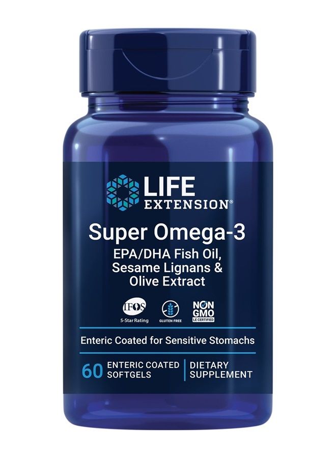 Life Extension Super Omega-3 EPA/DHA Sesame Lignans & Olive Extract - IFOS 5-Star Rated Fish Oil Fatty Acids Supplement for Heart & Brain Health – Gluten-Free, Non-GMO – 60 Softgels - Image 1