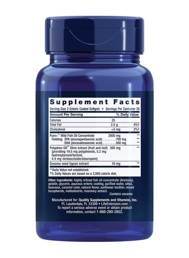 Life Extension Super Omega-3 EPA/DHA Sesame Lignans & Olive Extract - IFOS 5-Star Rated Fish Oil Fatty Acids Supplement for Heart & Brain Health – Gluten-Free, Non-GMO – 60 Softgels - Image 2