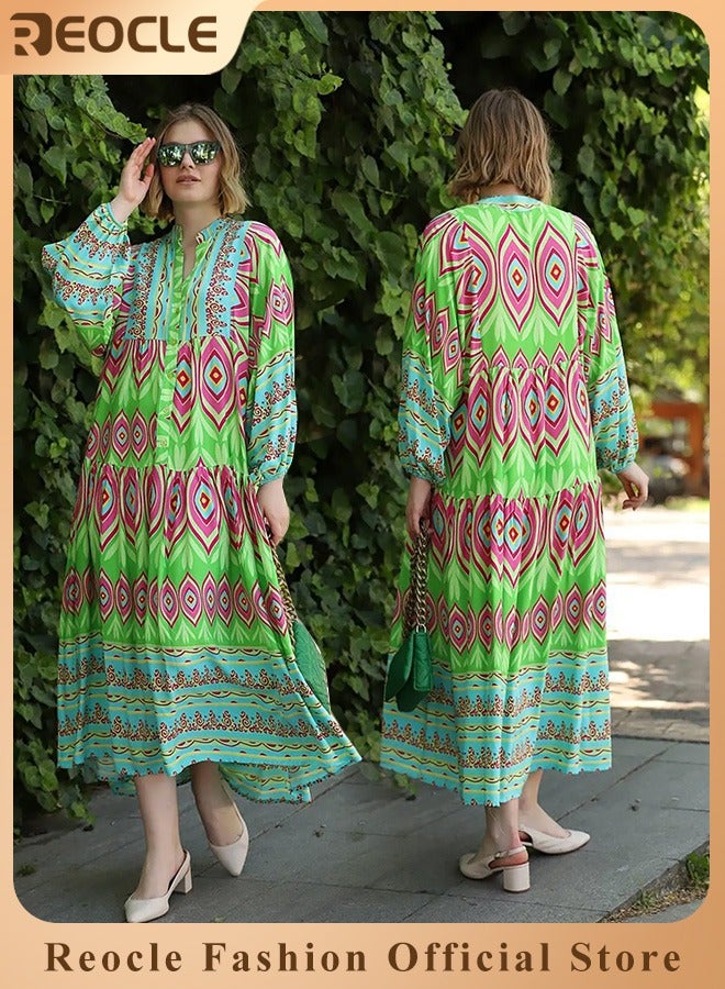 ريوكل فستان نسائي كاجوال بأكمام طويلة وطبعة مخططة متعددة الألوان مع حاشية مريحة وتصميم رقبة على شكل حرف V، فستان صيفي ضيق - Image 1