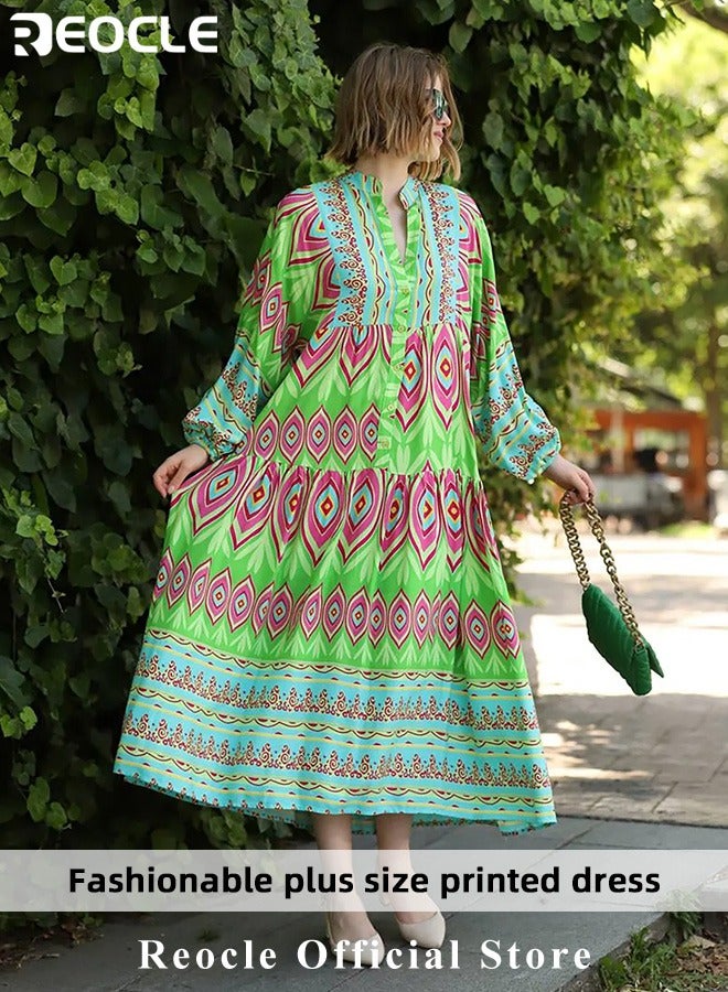 ريوكل فستان نسائي كاجوال بأكمام طويلة وطبعة مخططة متعددة الألوان مع حاشية مريحة وتصميم رقبة على شكل حرف V، فستان صيفي ضيق - Image 2